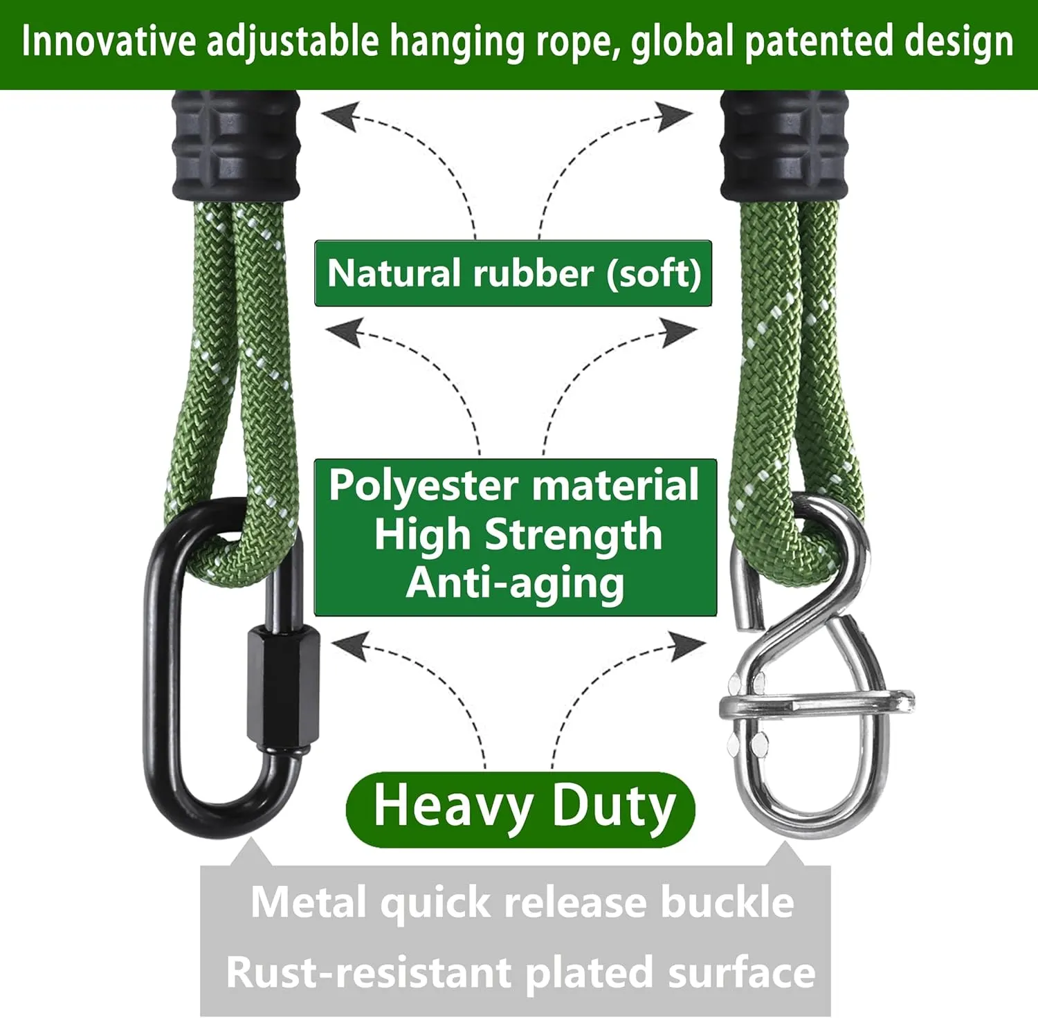 Heavy Duty Tree Swing Ropes Hammock, Hanging Straps, Adjustable Extendable for Outdoor Swings Hammock Playground Set Accessories, 7.25ft(87") of 2, Green