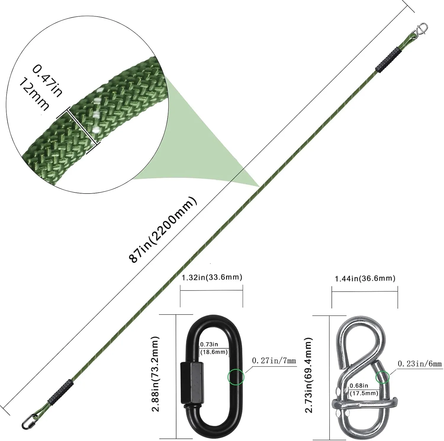 Heavy Duty Tree Swing Ropes Hammock, Hanging Straps, Adjustable Extendable for Outdoor Swings Hammock Playground Set Accessories, 7.25ft(87") of 2, Green