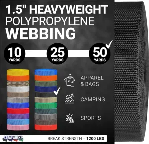 Heavyweight Polypropylene Webbing - Heavy Duty Poly Strapping for Outdoor DIY Gear Repair, 1.5 Inches