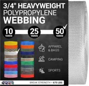 Heavyweight Polypropylene Webbing - Heavy Duty Poly Strapping for Outdoor DIY Gear Repair, 3/4 Inch