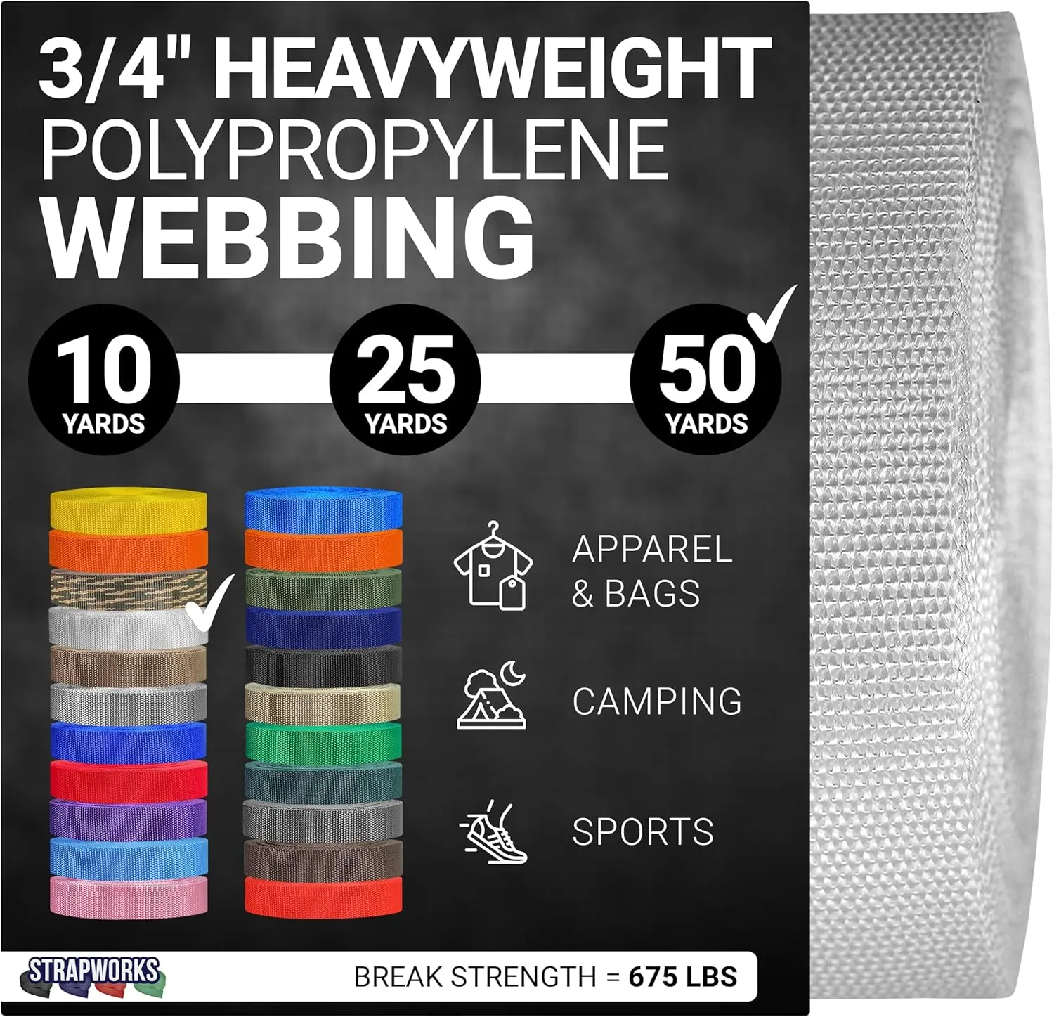 Heavyweight Polypropylene Webbing - Heavy Duty Poly Strapping for Outdoor DIY Gear Repair, 3/4 Inch