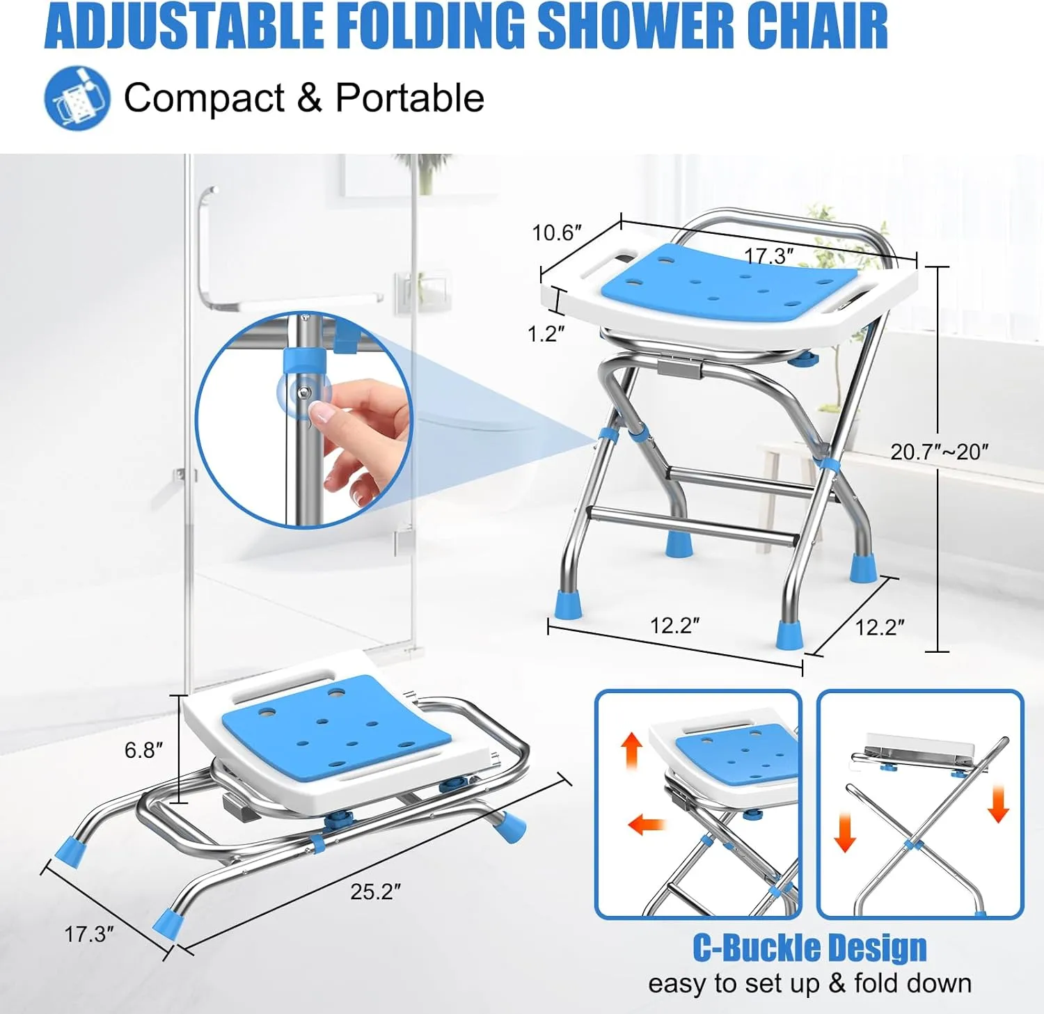 Height Adjustable Folding Shower Chair Seat, Stainless Steel Shower Chair for Inside Shower w/Crossbar, 400LB Portable Travel Shower Stool, Safety Anti-Slip Bath Chair for Seniors,White