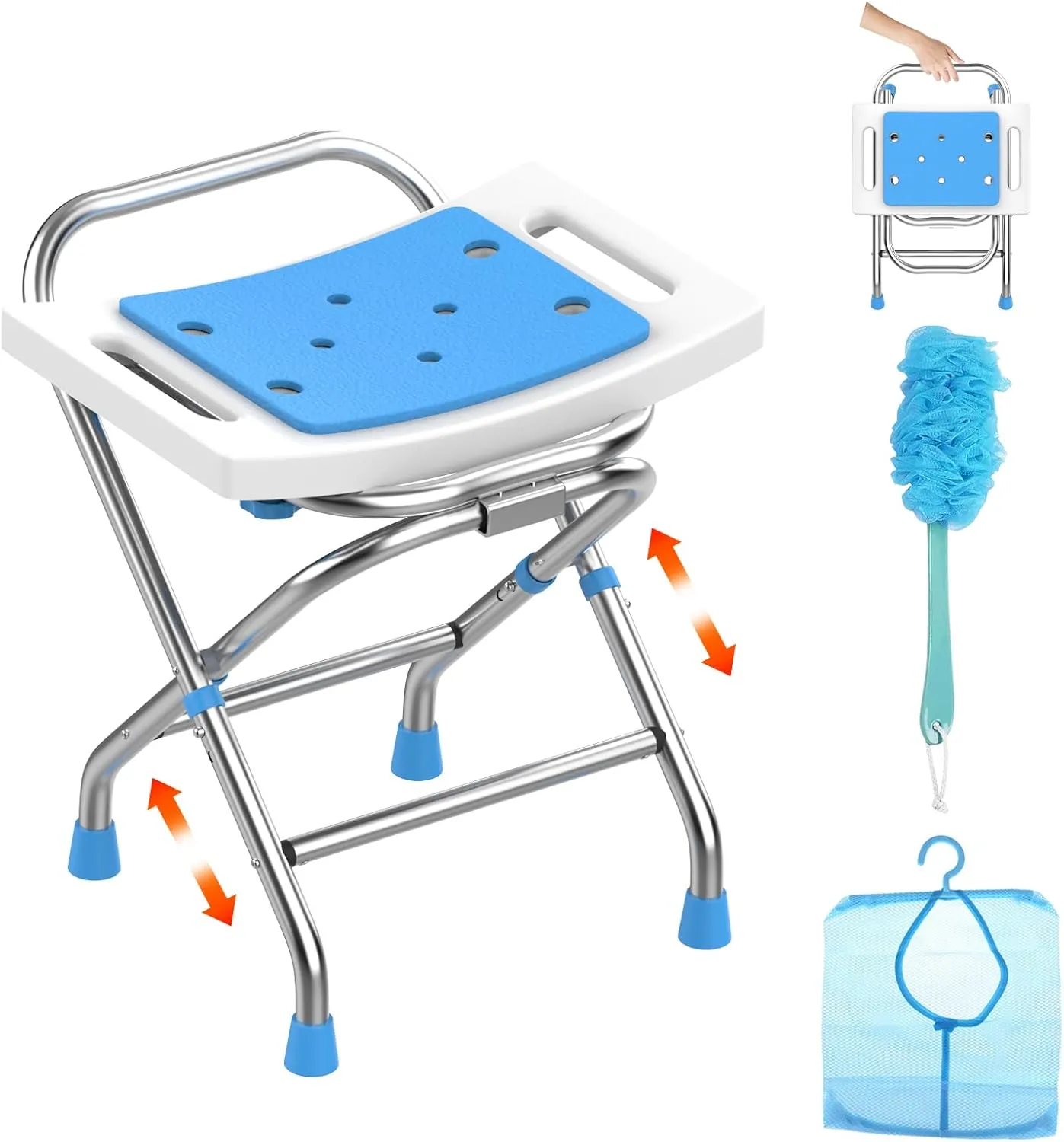 Height Adjustable Folding Shower Chair Seat, Stainless Steel Shower Chair for Inside Shower w/Crossbar, 400LB Portable Travel Shower Stool, Safety Anti-Slip Bath Chair for Seniors,White