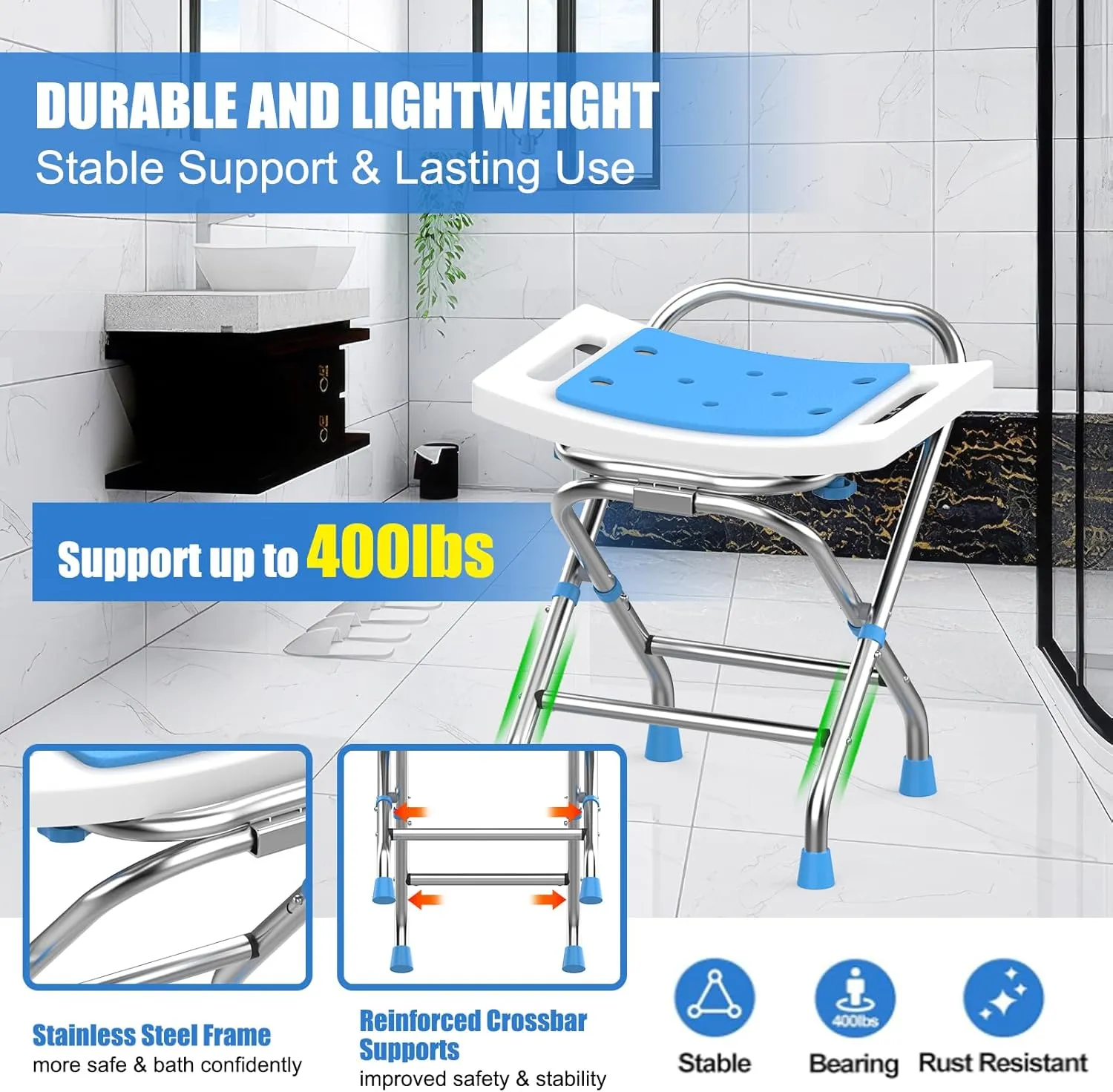 Height Adjustable Folding Shower Chair Seat, Stainless Steel Shower Chair for Inside Shower w/Crossbar, 400LB Portable Travel Shower Stool, Safety Anti-Slip Bath Chair for Seniors,White