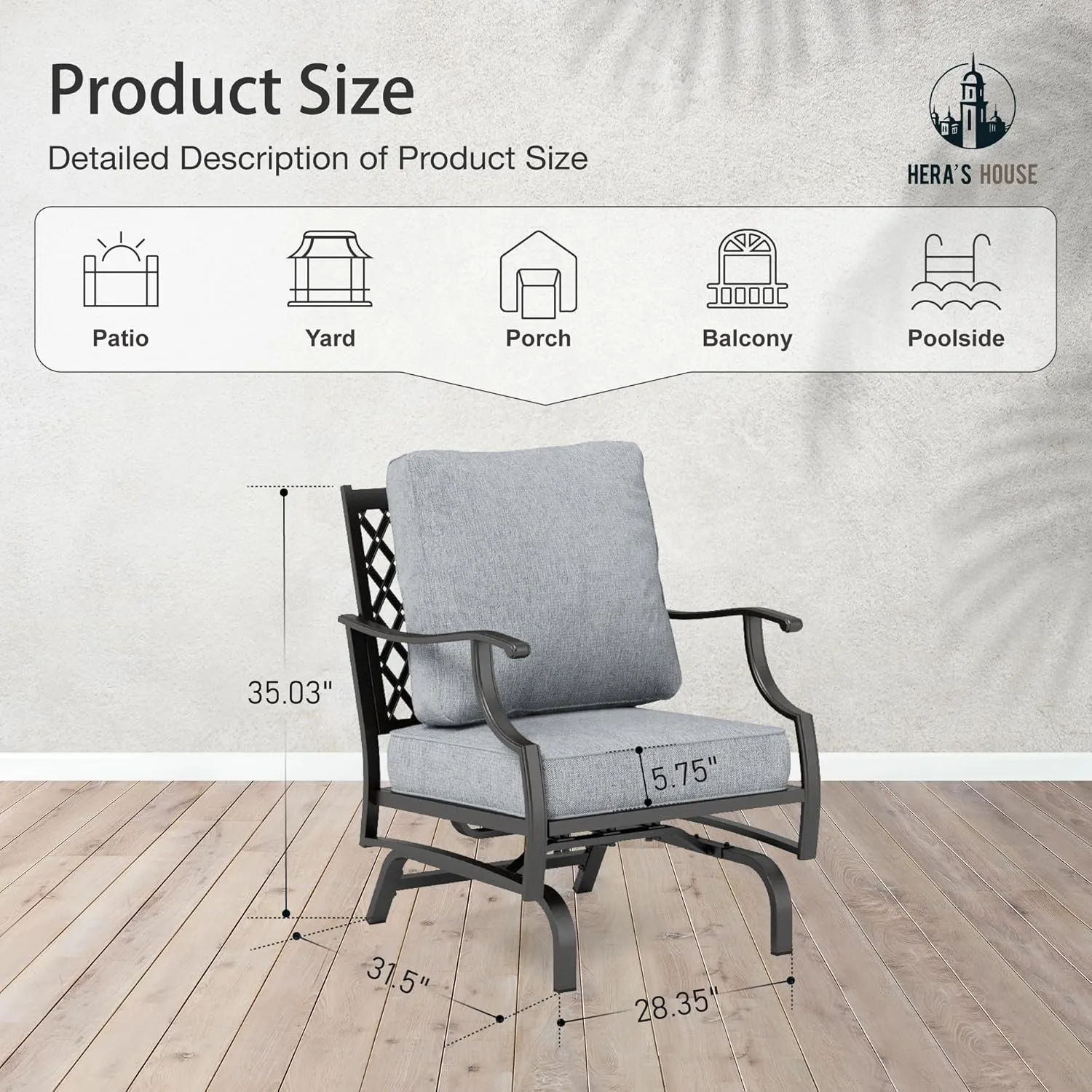 HERA'S HOUSE Outdoor Chairs Set of 2, 2 x Patio Chair with Grey Cushions, All Weather Outdoor Furniture for Lawn Garden Backyard Deck(Rocking Chairs)