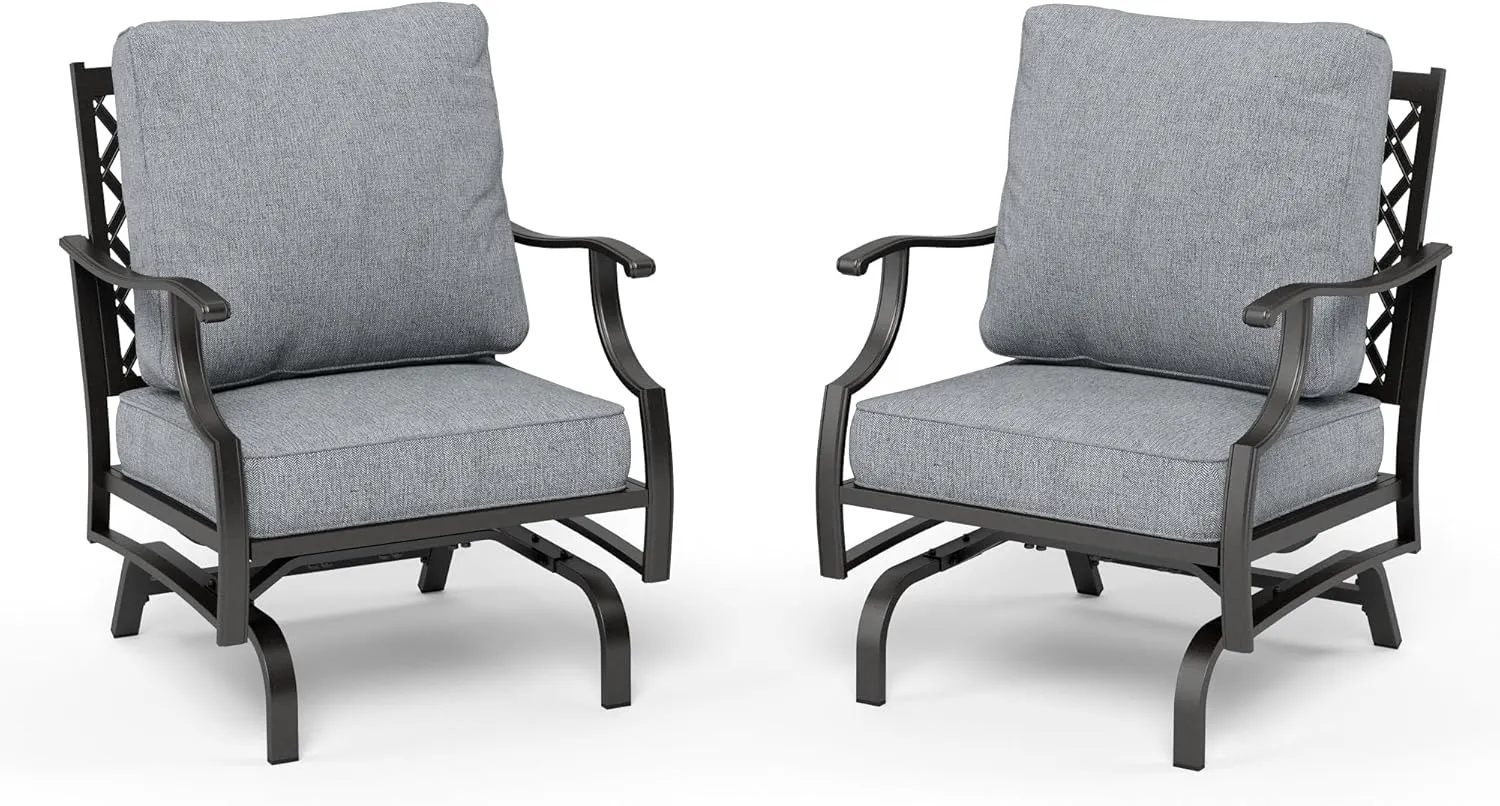 HERA'S HOUSE Outdoor Chairs Set of 2, 2 x Patio Chair with Grey Cushions, All Weather Outdoor Furniture for Lawn Garden Backyard Deck(Rocking Chairs)