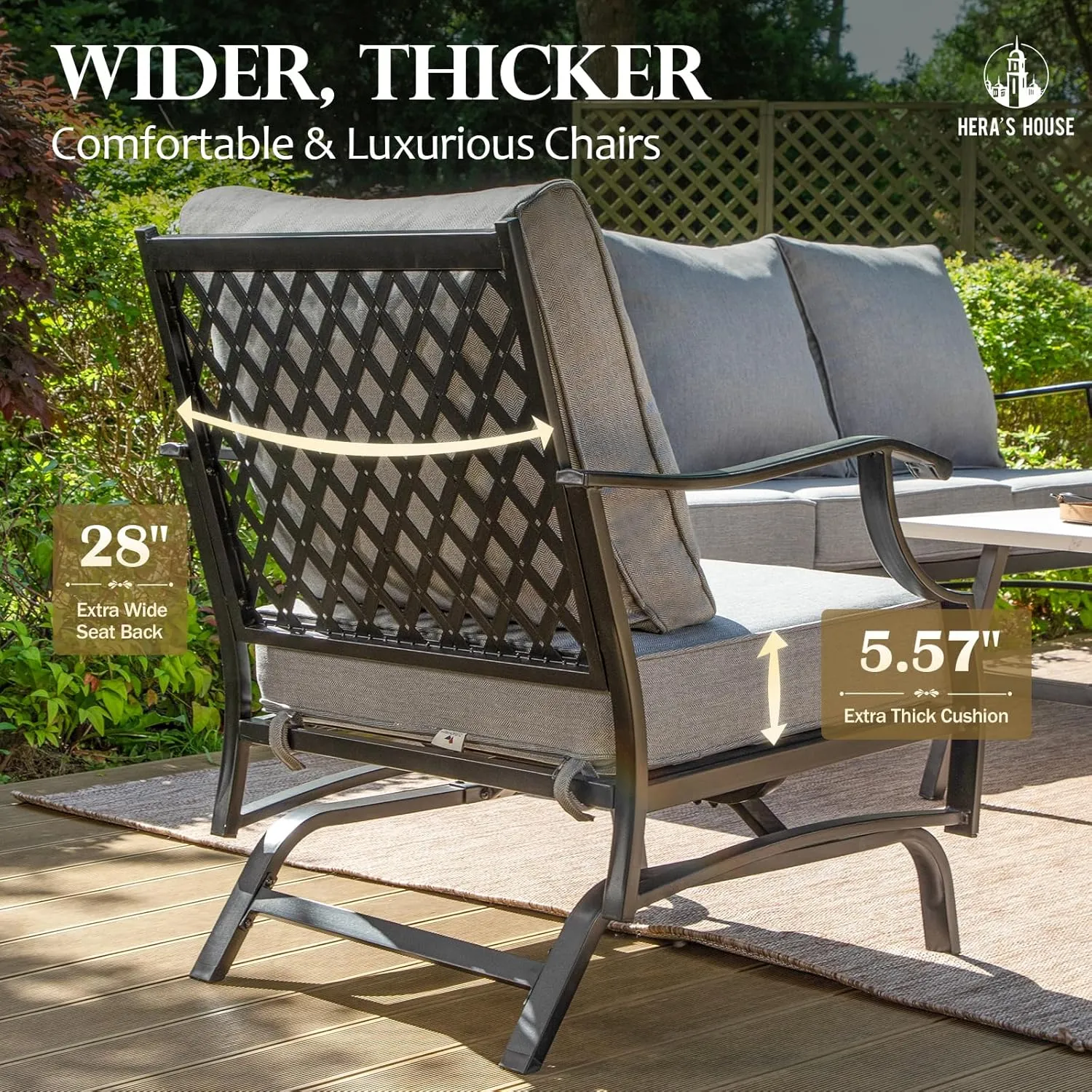 HERA'S HOUSE Outdoor Chairs Set of 2, 2 x Patio Chair with Grey Cushions, All Weather Outdoor Furniture for Lawn Garden Backyard Deck(Rocking Chairs)
