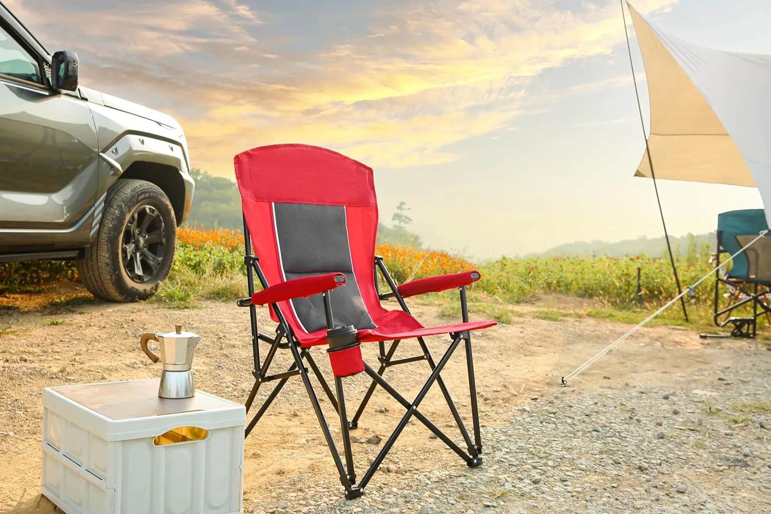 High Back Heavy Duty Lawn Chair-Supports 250lbs, Portable Collapsible Folding Chair with Cup Holder, Red-Outdoor, Camping, Dining Room (1 Doors)