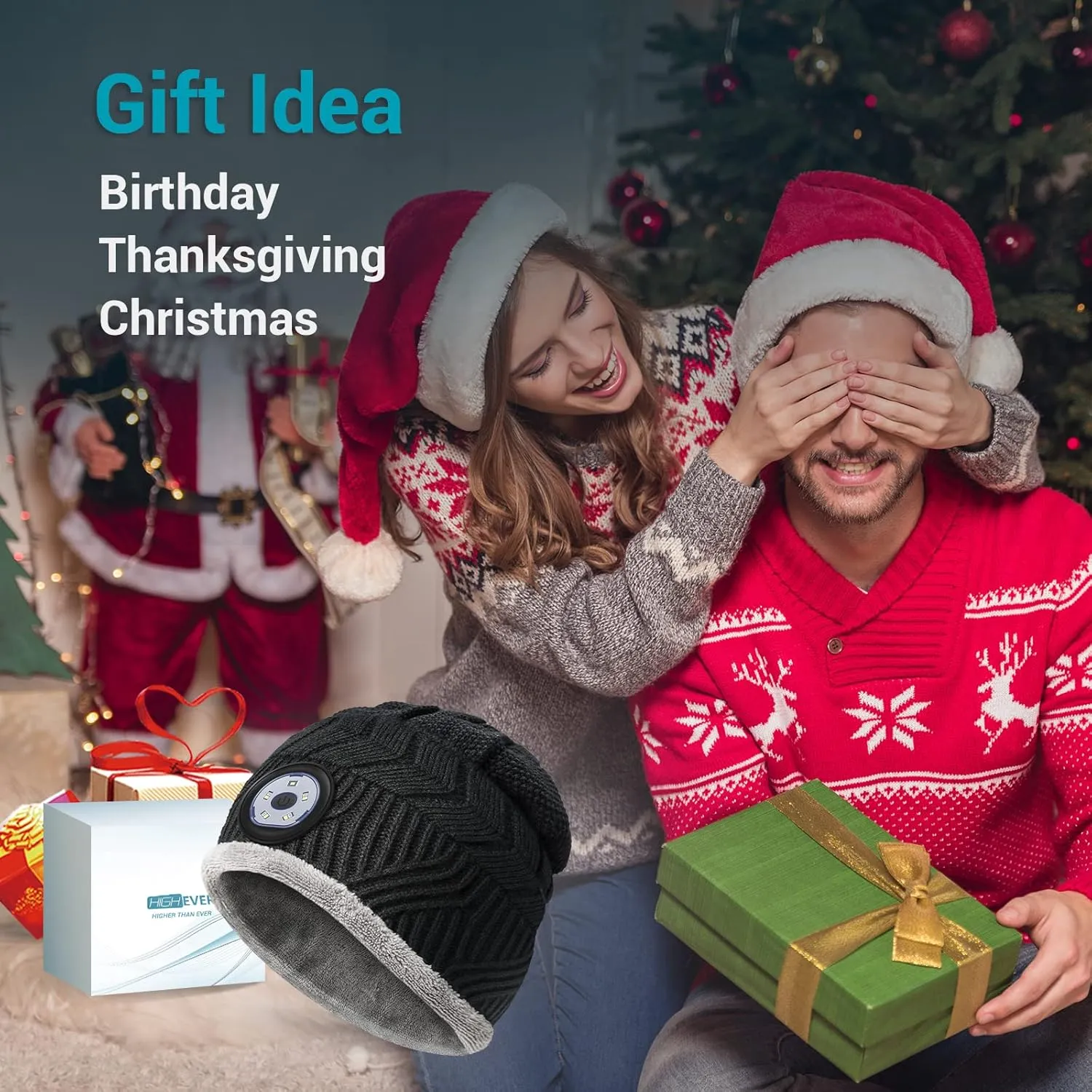 HIGHEVER LED Beanie Hat with Light: Christmas Stocking Stuffers for Men Adult Winter Gift