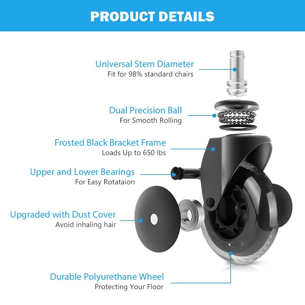 Hirate Office Chair Caster Replacement Upgraded Version to Prevent Fluff and Dust, Heavy Duty Desk Chair Casters Rolling Smooth Safe for Hardwood, Tile & Carpet Universal Fit 7/16" x 7/8"