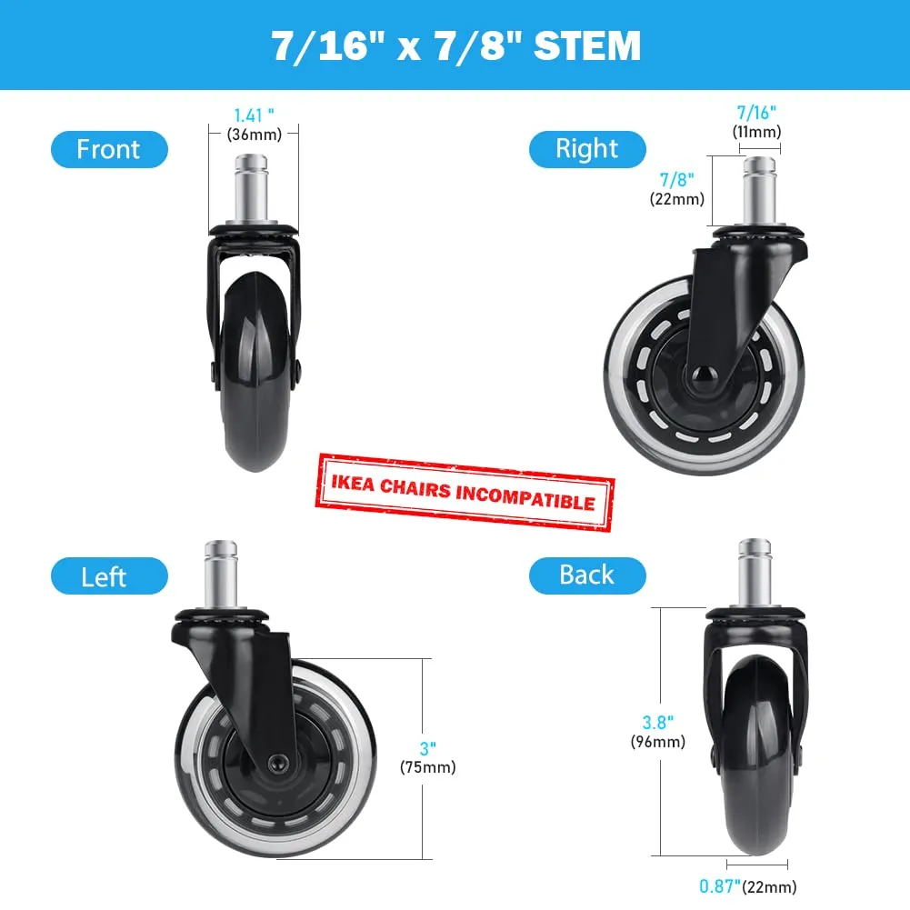 Hirate Office Chair Caster Replacement Upgraded Version to Prevent Fluff and Dust, Heavy Duty Desk Chair Casters Rolling Smooth Safe for Hardwood, Tile & Carpet Universal Fit 7/16" x 7/8"