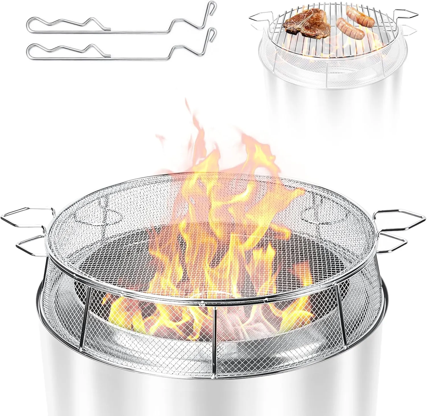 Hisencn Shield for Solo Stove Yukon 27 Inch, 304 Stainless Steel Fire Pit Spark Protector Screen & Grill Cooking Grate & Fire Pit Stand for Fireplace with Two Guild Sticks