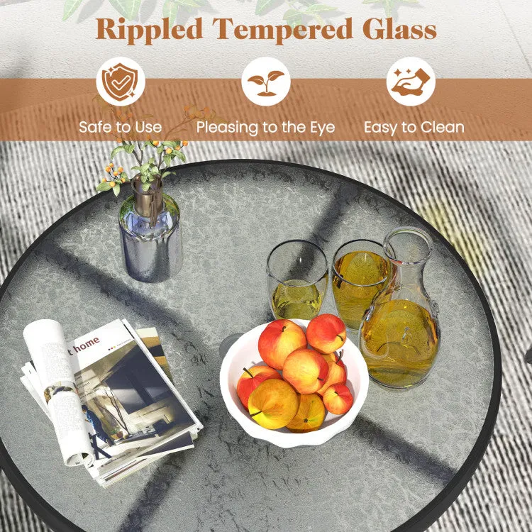 Hivvago 3 Pieces Patio Round Table and Folding Chairs Set with Rippled Tempered Glass Tabletop
