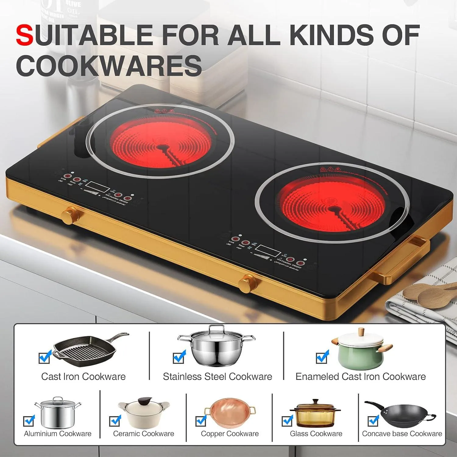 Hoffmans Induction Cooker 2 Burner – Infrared Hot Plate Stove with Touch Panel & Dial Controls