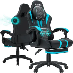 HOFFREE Gaming Chair Massage with Speakers Bluetooth and Footrest Big and Tall Video Game Chair for Heavy People 400lb with Massager for Adults Blue and Black