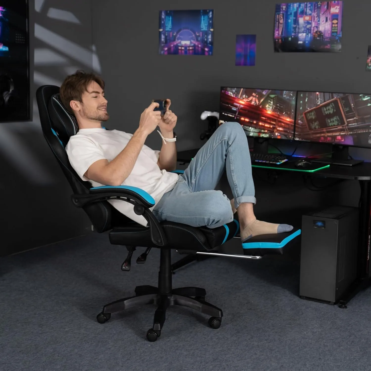 HOFFREE Gaming Chair Massage with Speakers Bluetooth and Footrest Big and Tall Video Game Chair for Heavy People 400lb with Massager for Adults Blue and Black