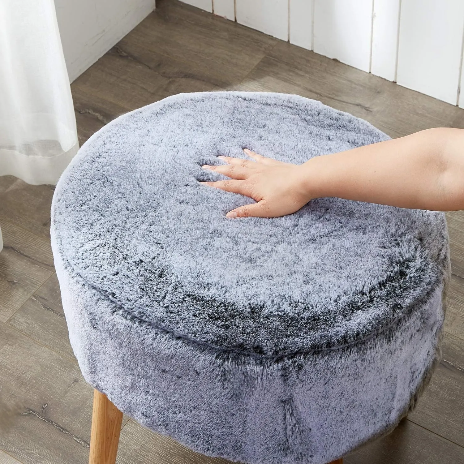 Home Soft Things Heavy Faux Fur Oval Ottoman, 22'' x 18'' x 18'', Black, Super Soft Fuzzy Round Makeup Ottoman Bedroom Foot Rest Stool for Living Room Entryway Chair Home Decor