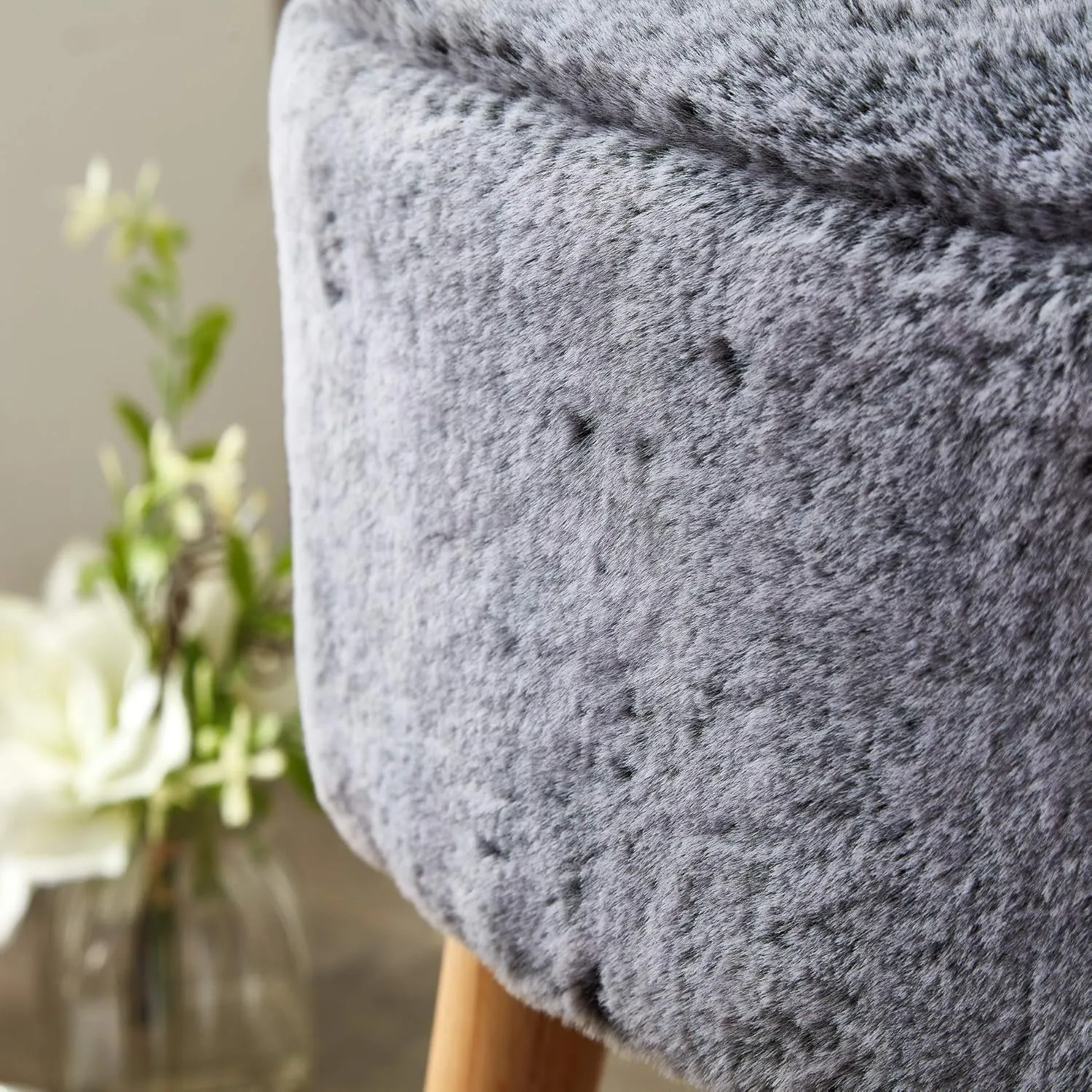 Home Soft Things Heavy Faux Fur Oval Ottoman, 22'' x 18'' x 18'', Black, Super Soft Fuzzy Round Makeup Ottoman Bedroom Foot Rest Stool for Living Room Entryway Chair Home Decor