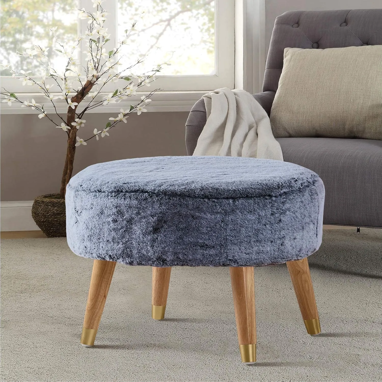 Home Soft Things Heavy Faux Fur Oval Ottoman, 22'' x 18'' x 18'', Black, Super Soft Fuzzy Round Makeup Ottoman Bedroom Foot Rest Stool for Living Room Entryway Chair Home Decor