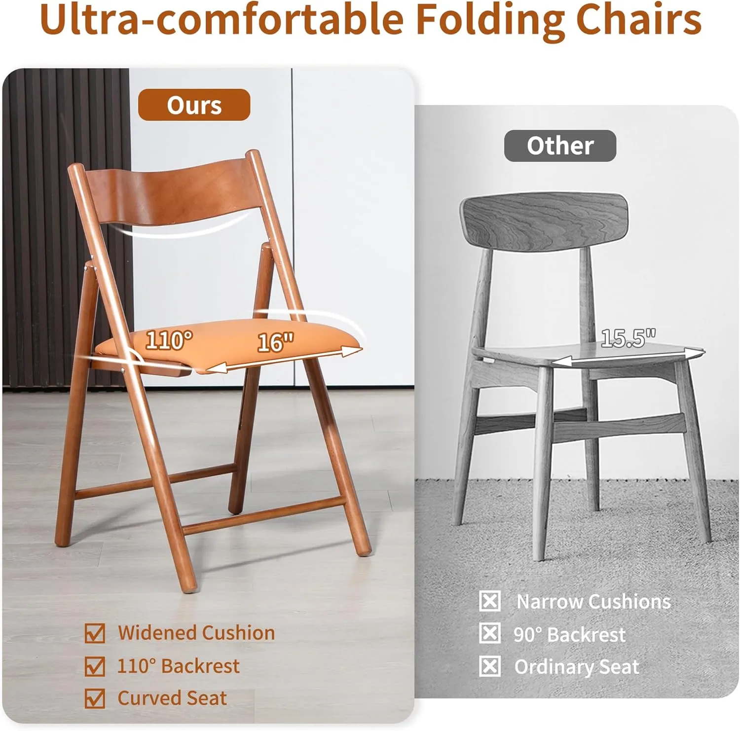 HOMEFUN Wooden Folding Chairs 2 Pack, Padded Folding Chairs with Wear-Resistant Faux Leather Cushion, Portable and Assembled Folding Dining Chair for Guests Kitchen Office Wedding and Party, Orange