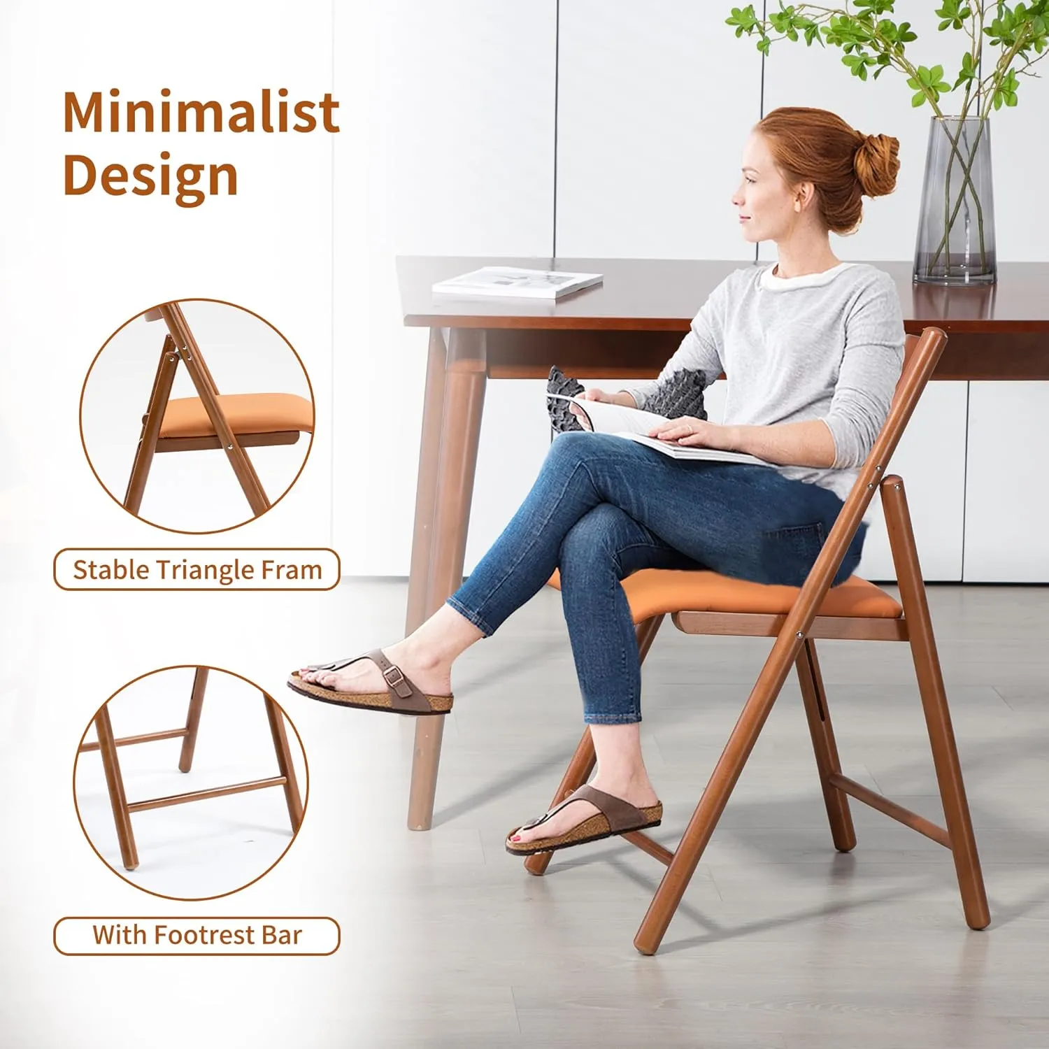HOMEFUN Wooden Folding Chairs 2 Pack, Padded Folding Chairs with Wear-Resistant Faux Leather Cushion, Portable and Assembled Folding Dining Chair for Guests Kitchen Office Wedding and Party, Orange