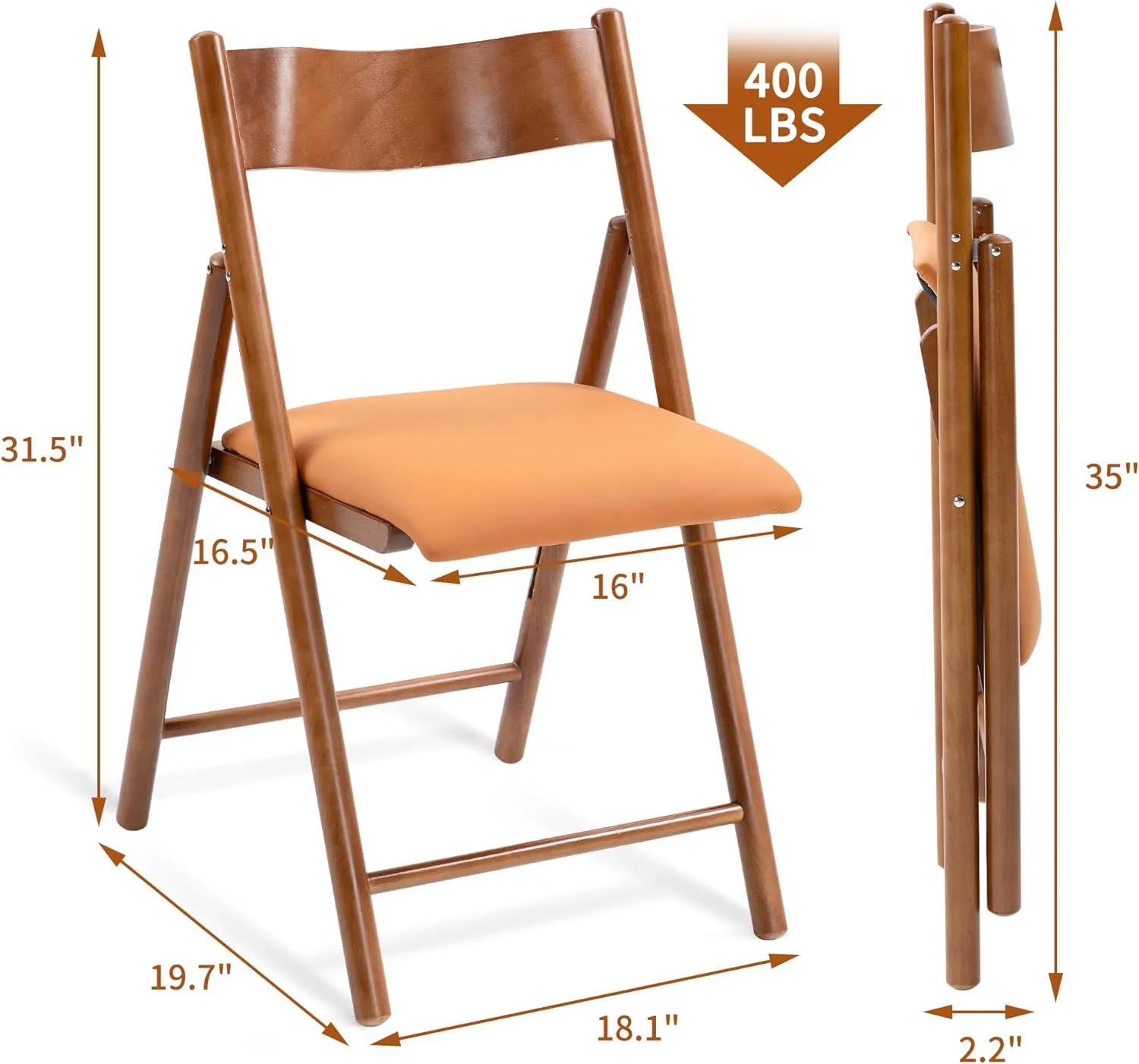 HOMEFUN Wooden Folding Chairs 2 Pack, Padded Folding Chairs with Wear-Resistant Faux Leather Cushion, Portable and Assembled Folding Dining Chair for Guests Kitchen Office Wedding and Party, Orange