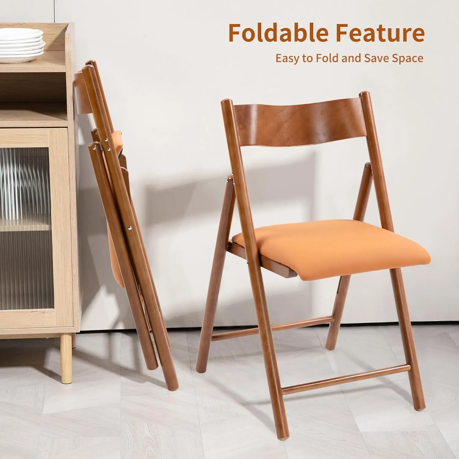 HOMEFUN Wooden Folding Chairs 2 Pack, Padded Folding Chairs with Wear-Resistant Faux Leather Cushion, Portable and Assembled Folding Dining Chair for Guests Kitchen Office Wedding and Party, Orange