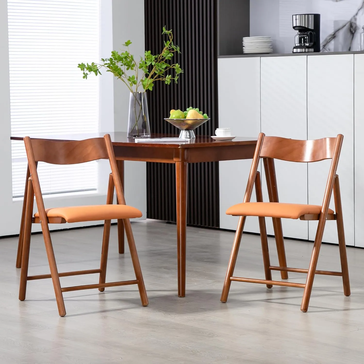 HOMEFUN Wooden Folding Chairs 2 Pack, Padded Folding Chairs with Wear-Resistant Faux Leather Cushion, Portable and Assembled Folding Dining Chair for Guests Kitchen Office Wedding and Party, Orange
