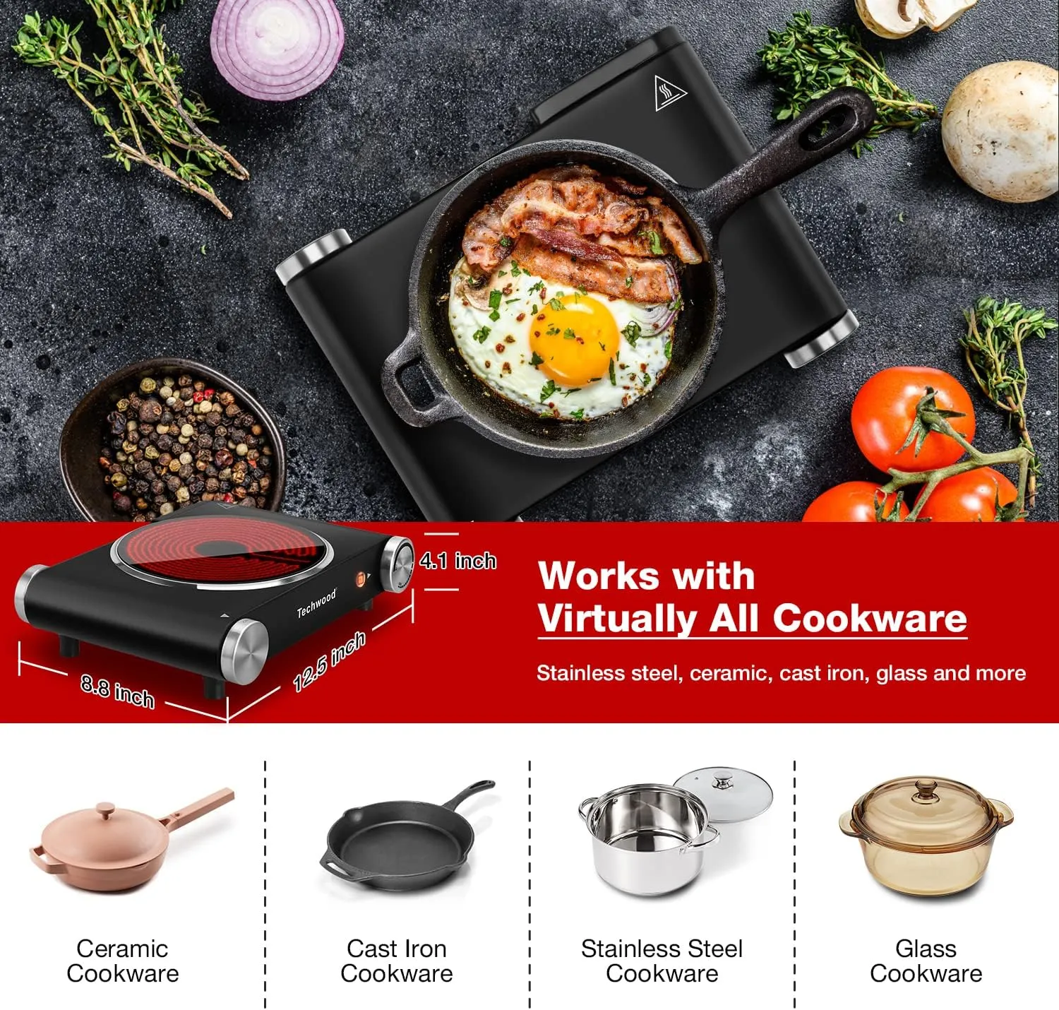 Hot Plate, Techwood Single Burner for Cooking, 1200W Portable Infrared Ceramic Electric Stove with Adjustable Temperature, 7.1” Cooktop for Home/RV/Camp, Compatible for All Cookwares, Black