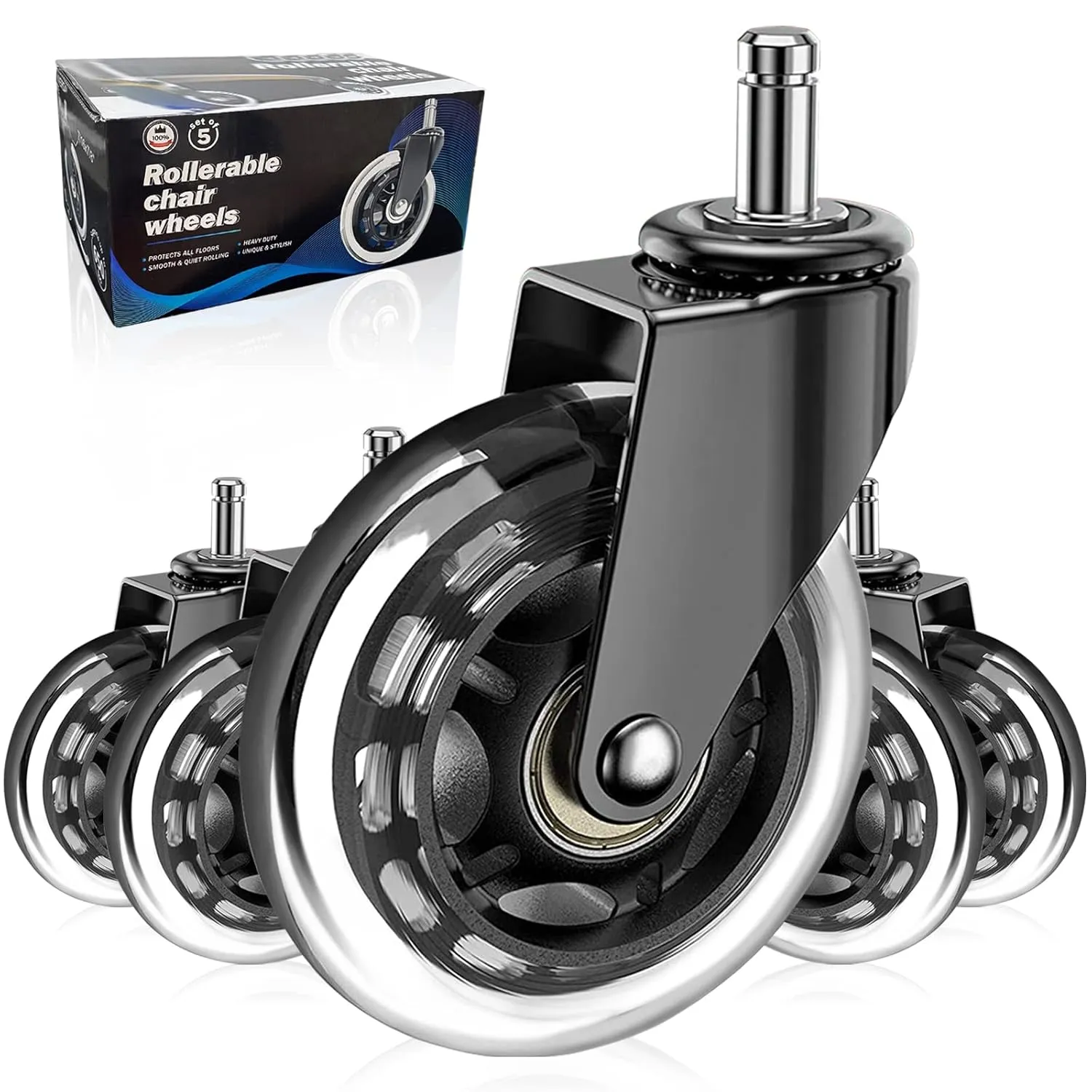 Huracan Office Chair Wheels, Set of 5, Replacement Rubber Chair Caster Wheels for Hardwood Floor, NOT Compatible for IKEA, Computer Desk Chair Wheels, Heavy Duty Office Chair Casters