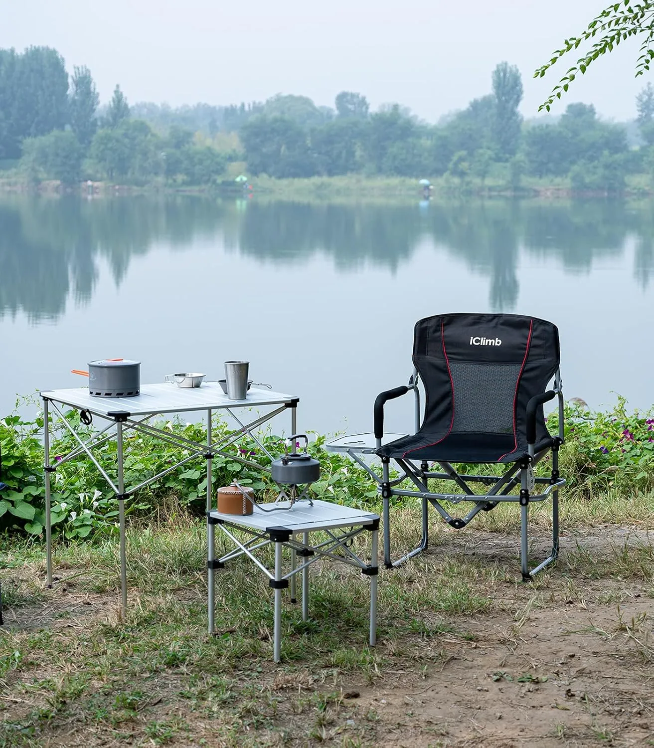 iClimb Heavy Duty Compact Camping Folding Mesh Chair with Side Table and Handle
