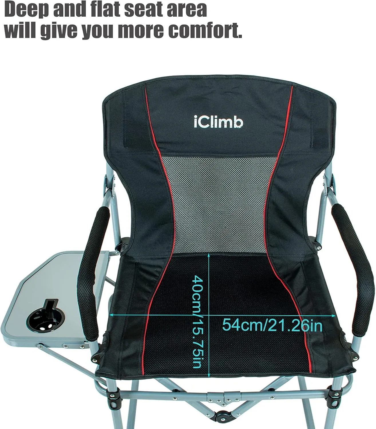 iClimb Heavy Duty Compact Camping Folding Mesh Chair with Side Table and Handle