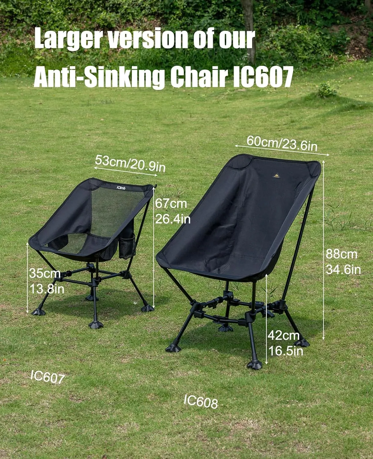 iClimb Two-Heights Light Compact Comfortable Camping Folding Beach Chair with Anti-Sinking Large Feet and Carry Bag