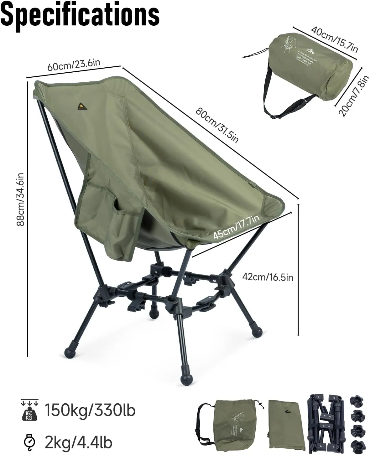 iClimb Two-Heights Light Compact Comfortable Camping Folding Beach Chair with Anti-Sinking Large Feet and Carry Bag