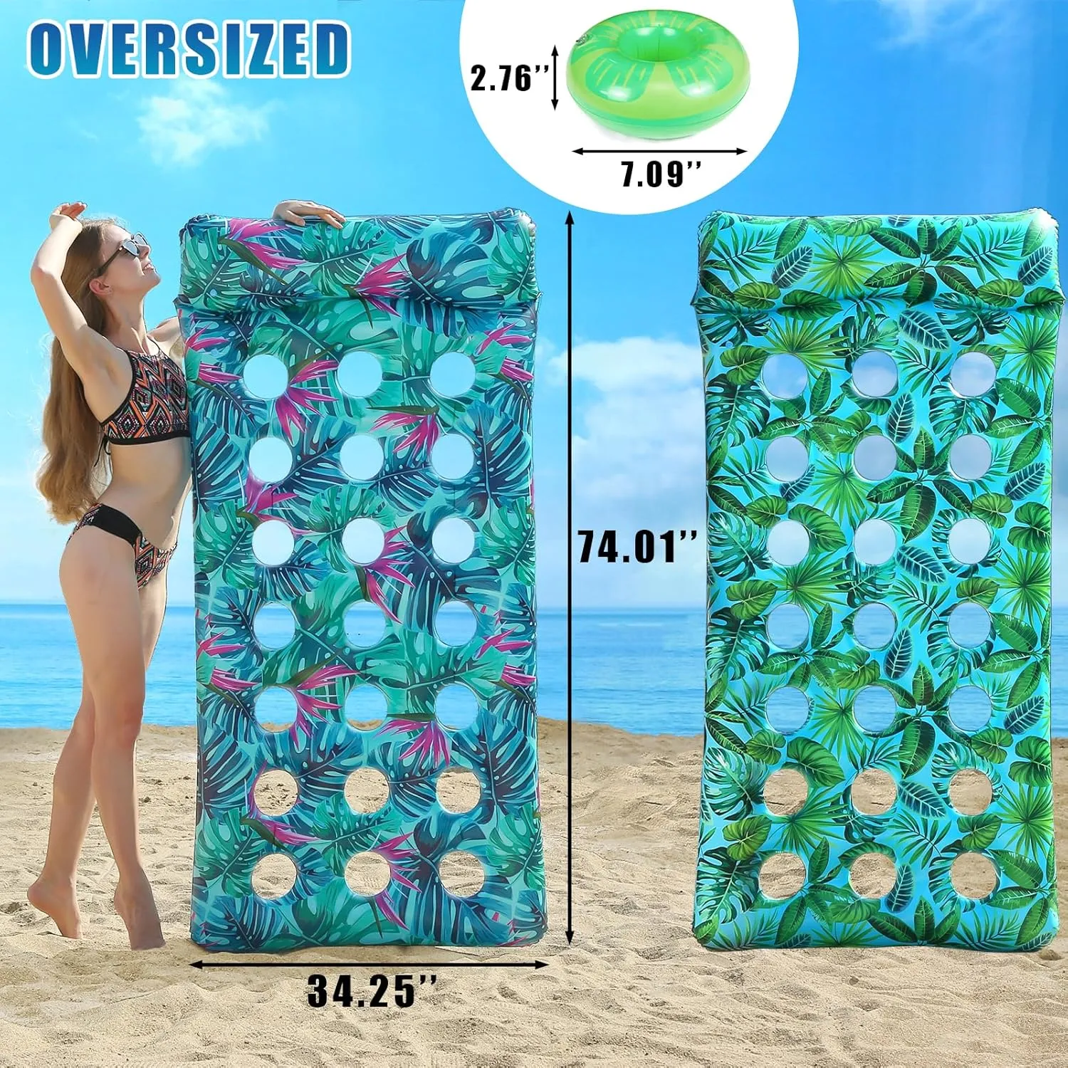 Inflatable Pool Floats Adult Heavy Duty, 74X34in Oversized Pool Float Lounger Floating Chair Raft with Headrest Cup Holder, Cooling Pool Lounge Lake Lounge Tanning Floats Summer Beach Outdoor