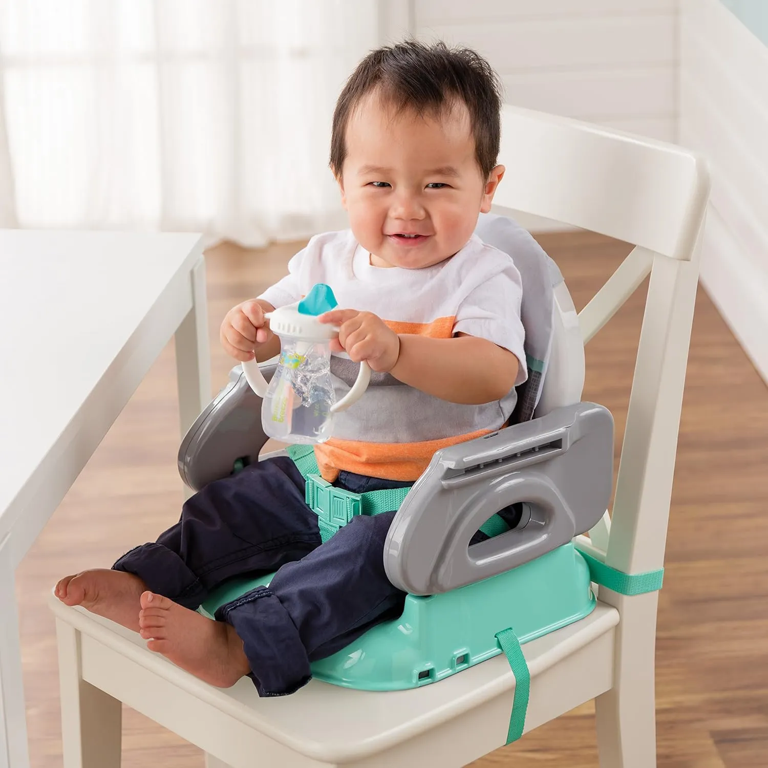 Ingenuity by Summer Unisex Deluxe Comfort Folding Booster Seat with Feeding Tray, Chair Straps Secure Booster, and Removable Seat Pad, Grey