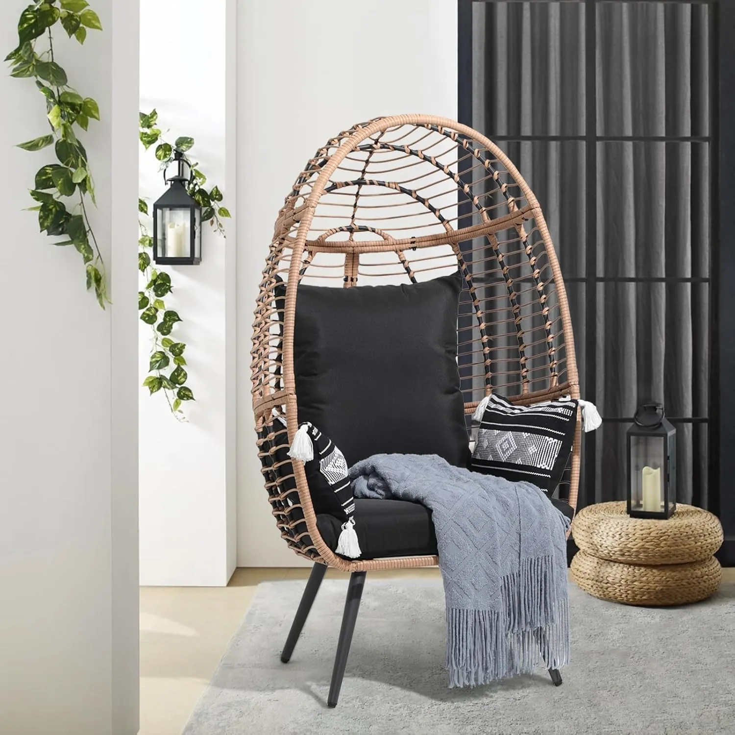 JOIVI Wicker Egg Chair, Outdoor Indoor Oversized Lounger Large Egg Basket Chair with Stand and Cushions for Patio Porch, Backyard, Living Room, Balcony (Beige Rattan, Black Cushion)