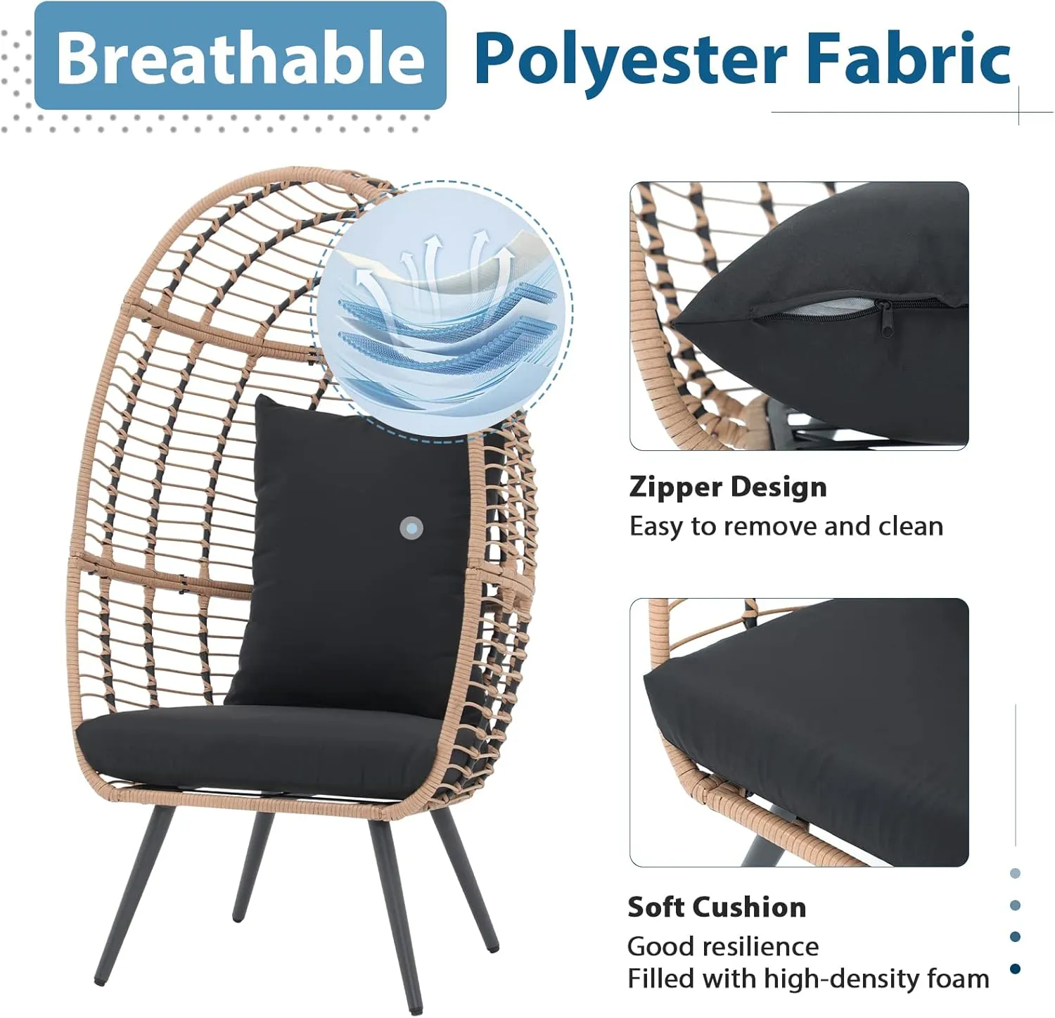 JOIVI Wicker Egg Chair, Outdoor Indoor Oversized Lounger Large Egg Basket Chair with Stand and Cushions for Patio Porch, Backyard, Living Room, Balcony (Beige Rattan, Black Cushion)