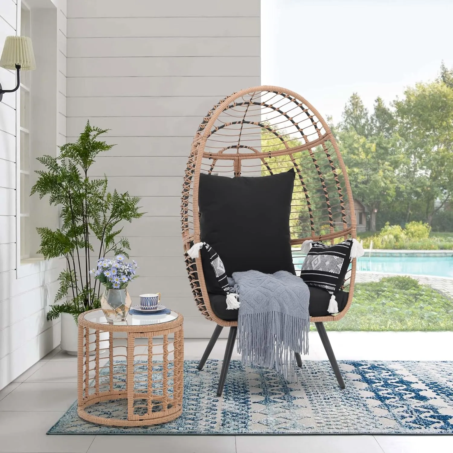 JOIVI Wicker Egg Chair, Outdoor Indoor Oversized Lounger Large Egg Basket Chair with Stand and Cushions for Patio Porch, Backyard, Living Room, Balcony (Beige Rattan, Black Cushion)