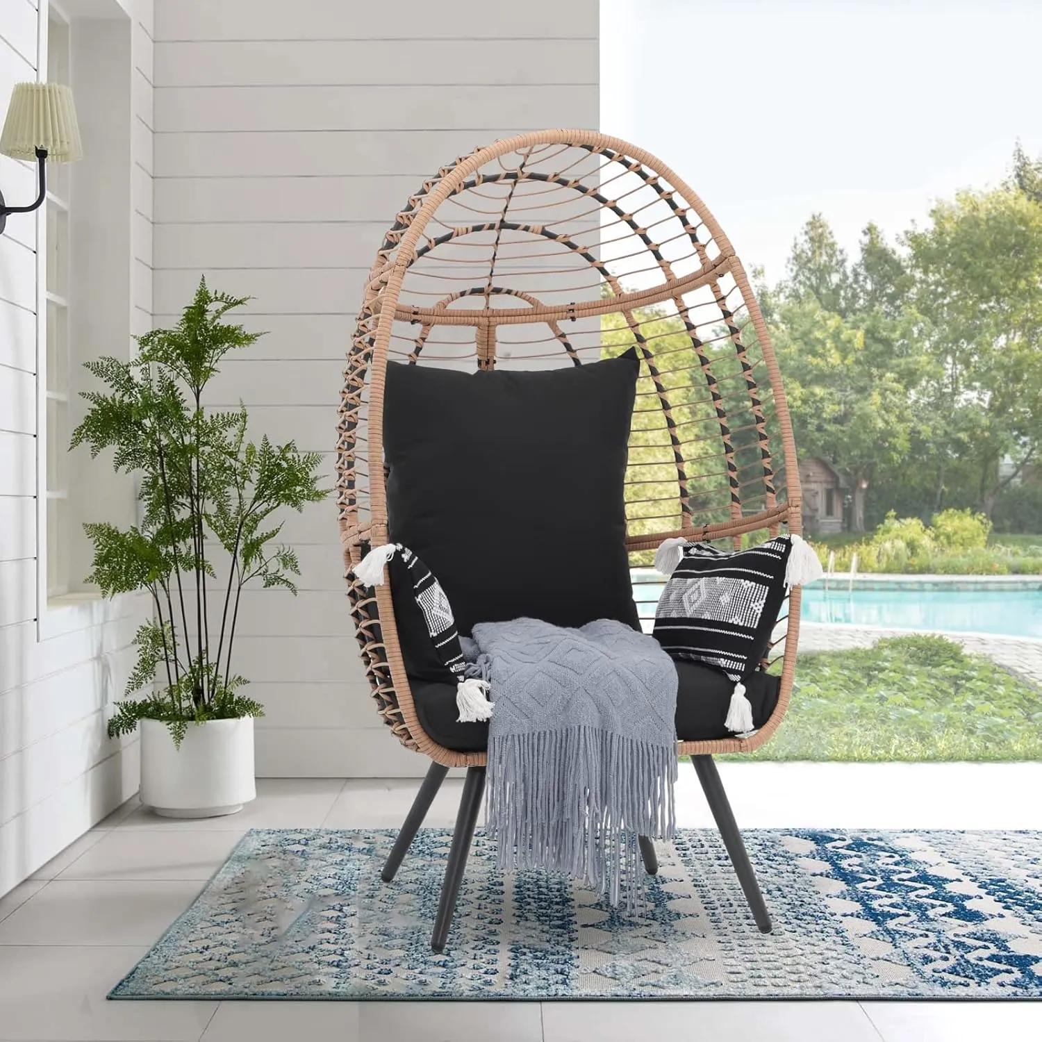 JOIVI Wicker Egg Chair, Outdoor Indoor Oversized Lounger Large Egg Basket Chair with Stand and Cushions for Patio Porch, Backyard, Living Room, Balcony (Beige Rattan, Black Cushion)