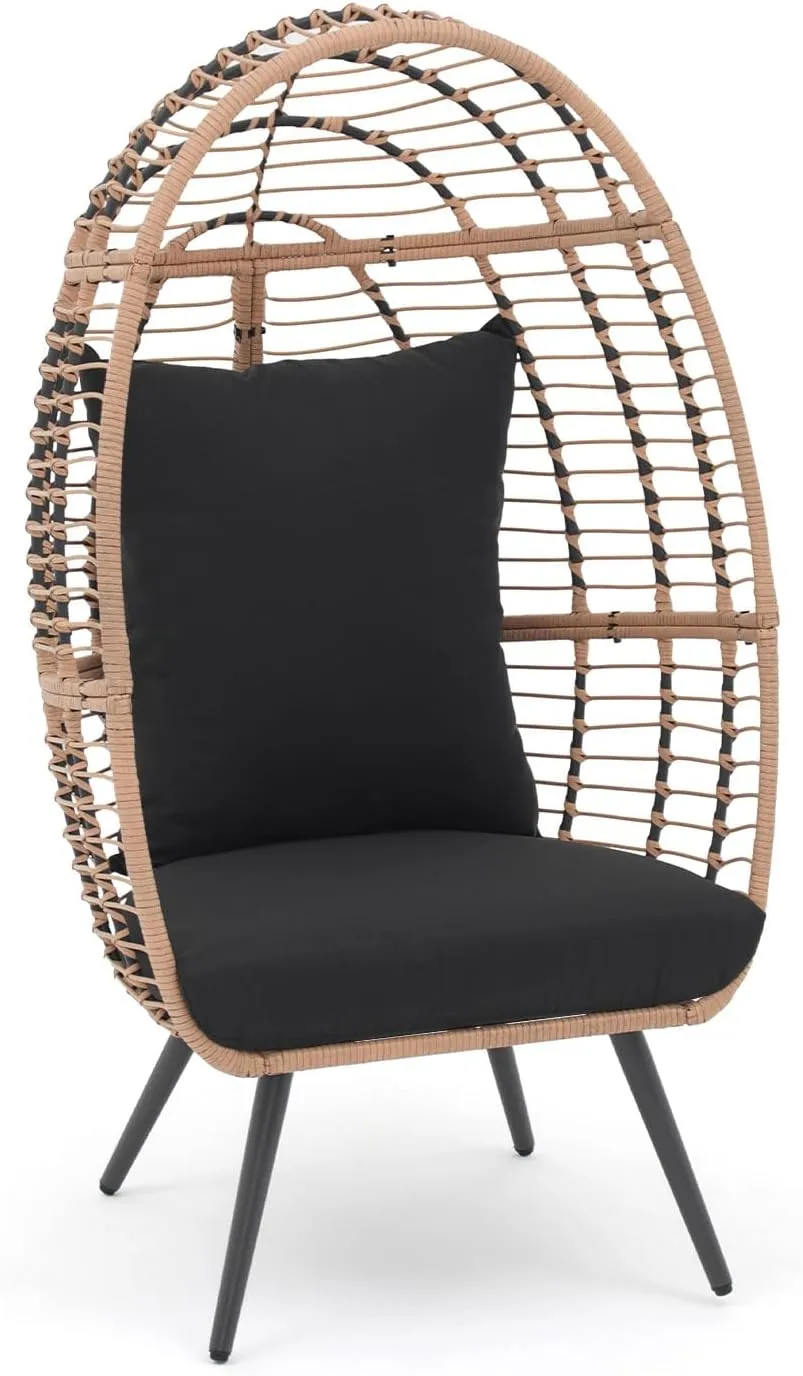 JOIVI Wicker Egg Chair, Outdoor Indoor Oversized Lounger Large Egg Basket Chair with Stand and Cushions for Patio Porch, Backyard, Living Room, Balcony (Beige Rattan, Black Cushion)