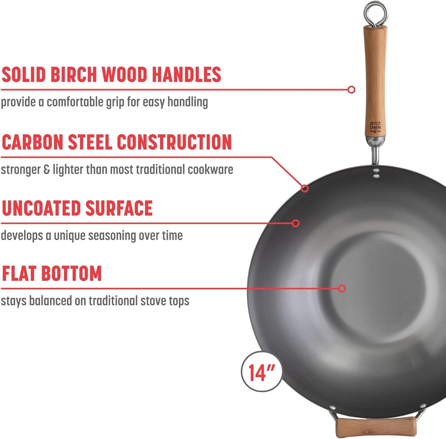 JOYCE CHEN Classic Series 14-Inch Carbon Steel Wok with Birch Handles