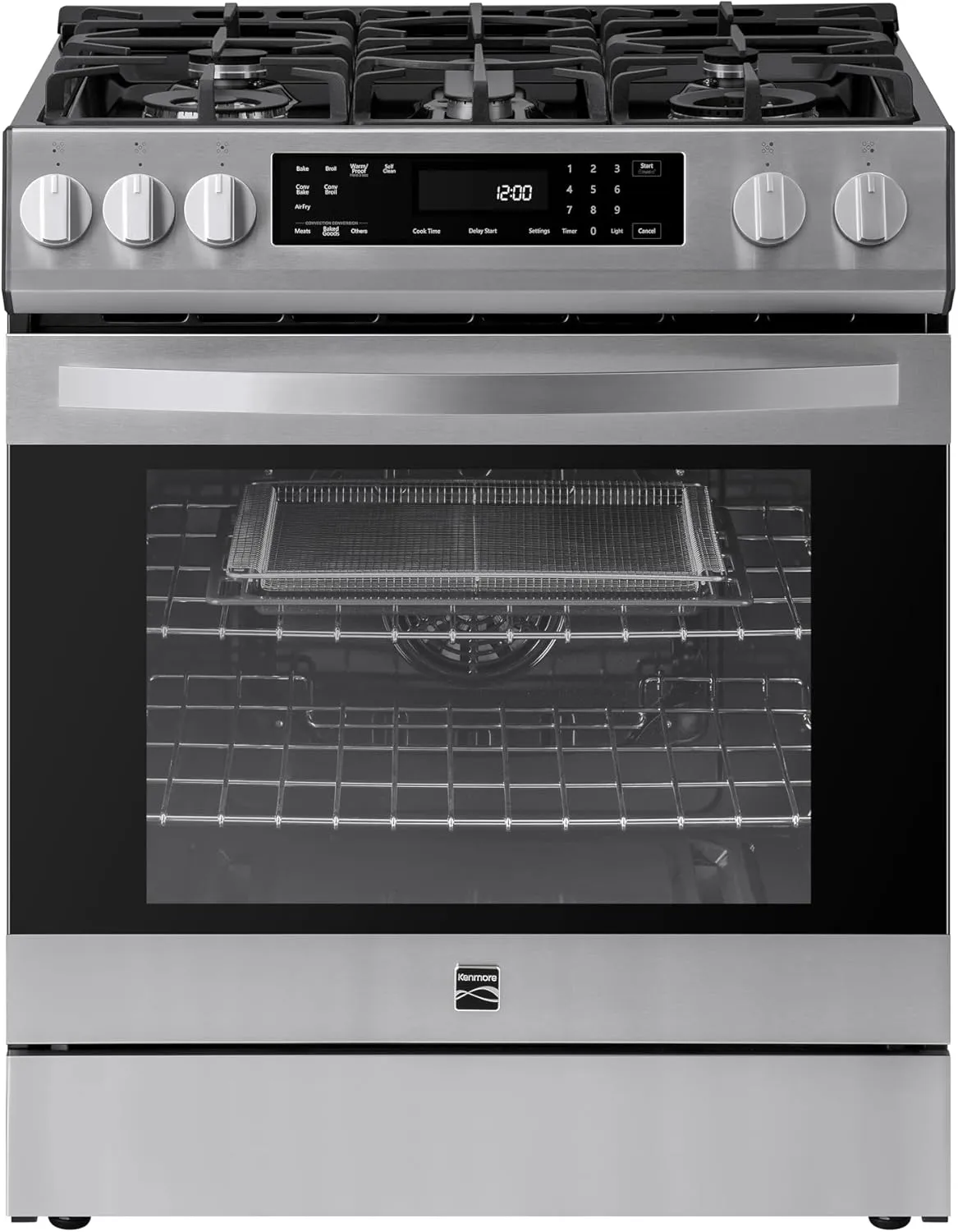 Kenmore 22-76843 5.6 cu. ft. Front-Control 5 Burner Convection Gas Range with Oven, Storage Drawer, Large Window, Dishwasher Safe Cast Iron Grates