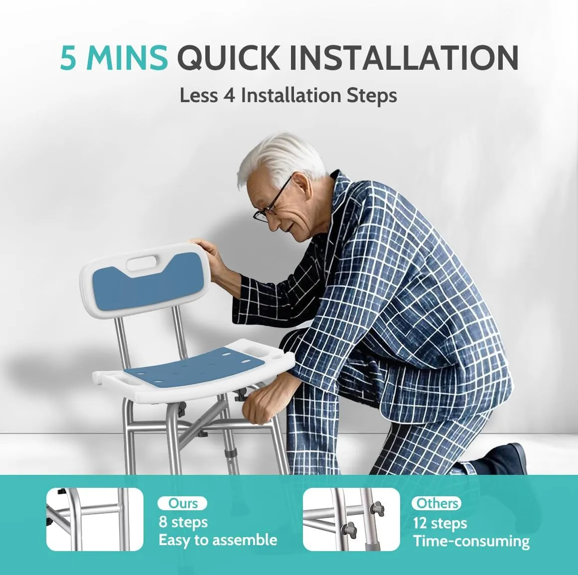 Kicimpro Shower Chair for Inside Shower, 500lbs Heavy Duty Bath Chair for Bathtub with Back, 5 Mins Installation Without Tools, 5 Adjustable Height(15.3"-19.5"), Shower Stool for Elderly and Disabled
