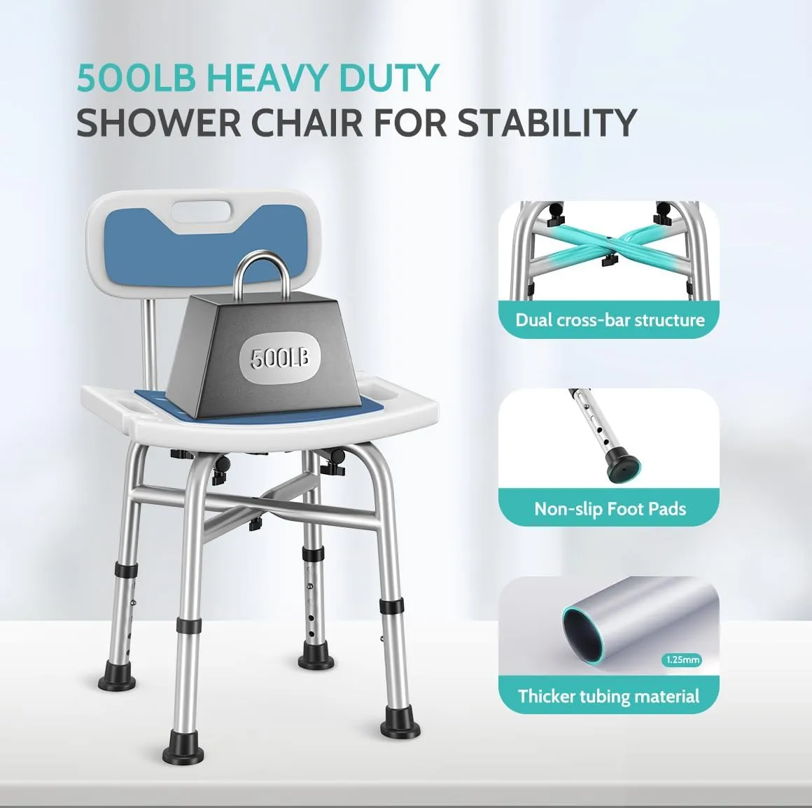 Kicimpro Shower Chair for Inside Shower, 500lbs Heavy Duty Bath Chair for Bathtub with Back, 5 Mins Installation Without Tools, 5 Adjustable Height(15.3"-19.5"), Shower Stool for Elderly and Disabled