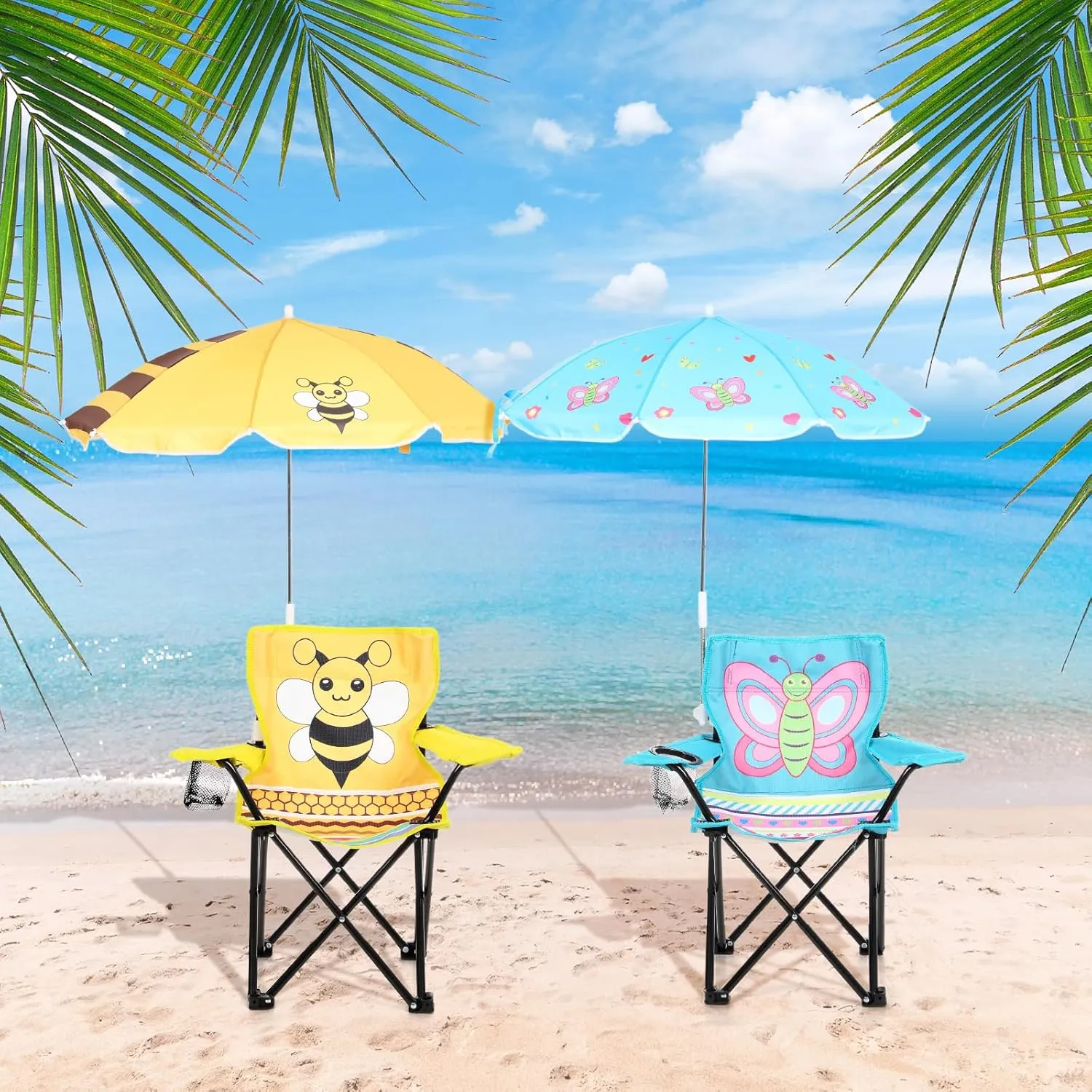 Kids Beach Chair with Umbrella Child Folding Chair Umbrella with Universal Clamp for Children Beach Camping Patio Garden Outdoor Lawn Pool Travel Indoor