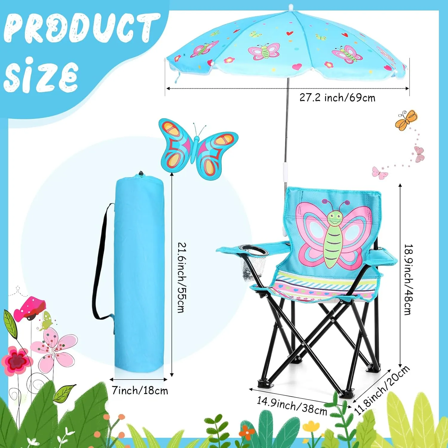 Kids Beach Chair with Umbrella Child Folding Chair Umbrella with Universal Clamp for Children Beach Camping Patio Garden Outdoor Lawn Pool Travel Indoor