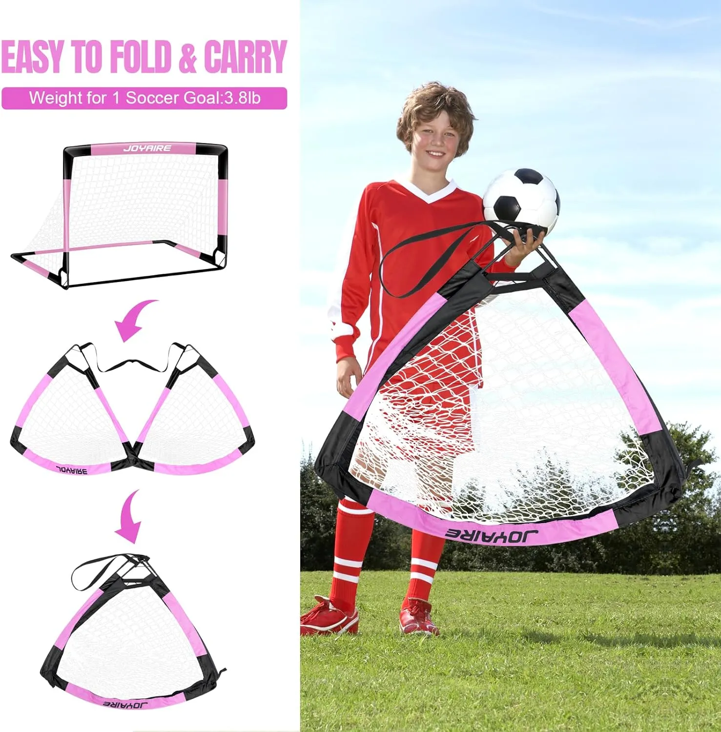 Kids Soccer Goals for Backyard Set, Portable Toddler Soccer Goal 2 of 4x3 ft, 6x4 ft, 7x5 ft, Soccer Training Equipment, Pop Up Soccer Net Kit with Size 4 Soccer Ball, Youth Games, Outdoor Sports Play