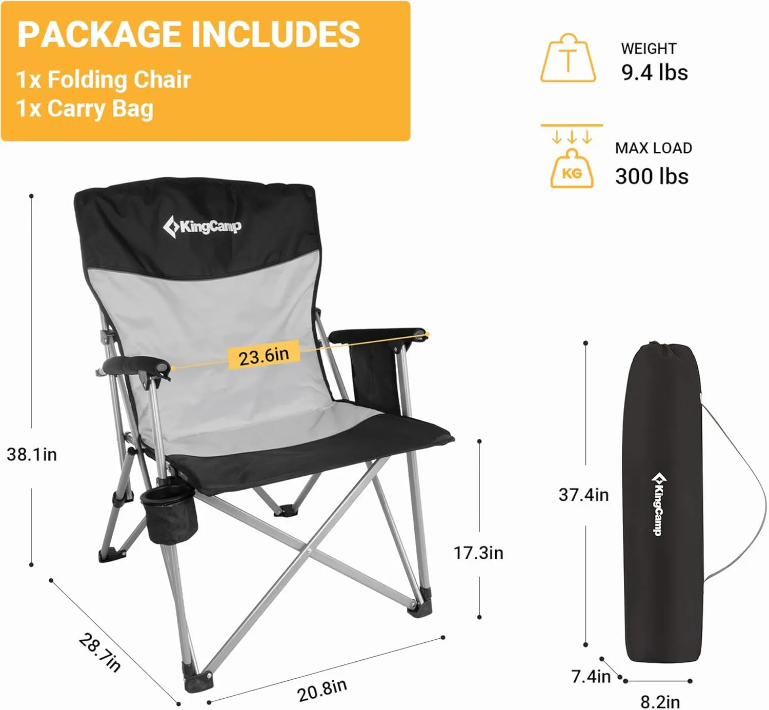 KingCamp Large-Angle Backrest Folding Camping Chairs for Adults with Armrest, Outdoor Camp Chairs Adults with Cup Holder, Lawn Chairs Adults for Outside, Picnic,Travel, BBQ(300 lbs)