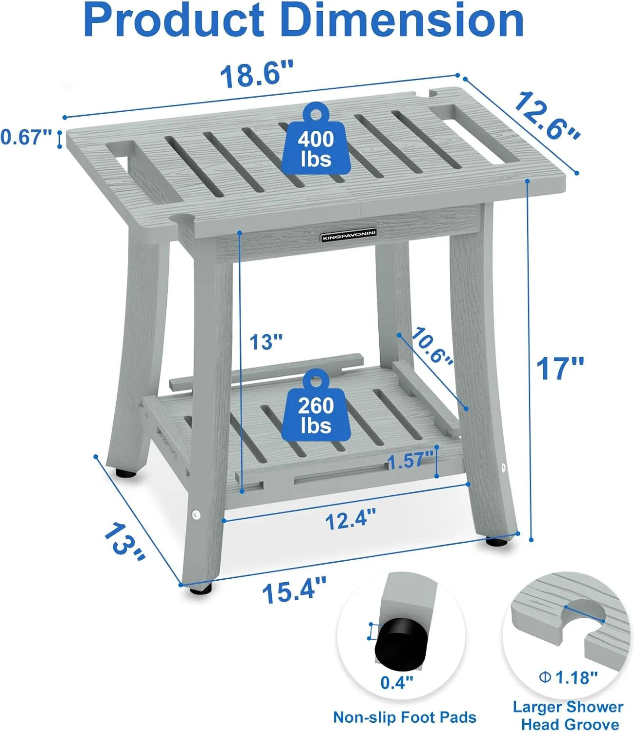 KingPavonini HDPS Shower Benches for Inside Shower to Sit on, Waterproof Shower Stool for Shaving Legs, Heavy Duty 400LBS Shower Seat with Storage Shelf, Shower Chair for Bathroom/Indoor/Outdoor Use